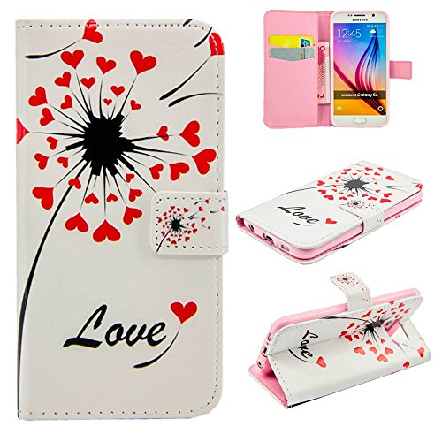 Preisvergleich Produktbild CaseHome Samsung Galaxy S6 Hülle,Schutzhülle Tasche Leder Mit Kartenfach Magnetverschluss Standfunktion Slim-Schutzhülle Folio Schalen Fall Mit Karten- / Geldscheinfach Für Samsung Galaxy S6-Red Liebe Löwenzahn