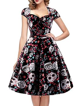 OTEN Damen Vintage Floral Zucker Schädel Print Sommer Party kleid