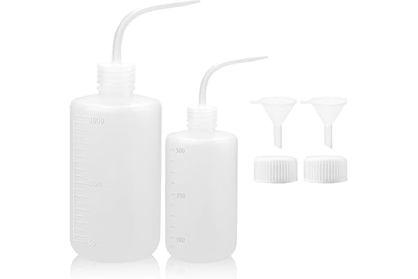 qjuwhua 2 st. klämflaska 1000 ml 500 ml säkerhetstvättflaska plast tatueringsflaskor med skala 2 skruvmuffar munstycke etiket