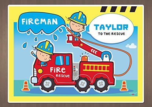 Personalised Children's, boys Placemat - Fire Engine/Fireman, Tow Truck and Racing Car