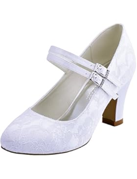 ElegantPark HC1701 Mary Jane Block Absatz Pumps Geschlossene Zehen Lace Satin Brautschuhe