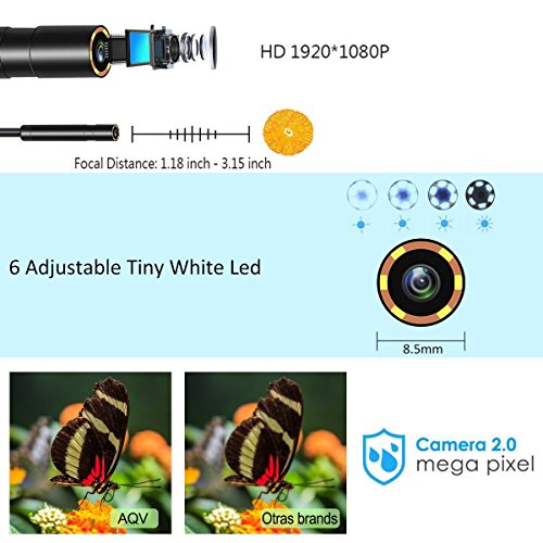 AQV WiFi Endoskop, Drahtlose Endoskop-Inspektionskamera 2,0 Megapixel HD Wasserdichte Schlangenkamera mit 6 verstellbaren LED-Licht fÃ¼r Android/IOS Smartphone, iPhone, Samsung, HUAWEI, PC - 15M