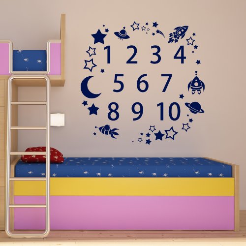 Rocket Numbers with Stars, Planets & Moon Boys Wall Art Sticker - Art Vinyl Decal Stickers, Childrens Bedroom, Bathroom, Kitchen, Lounge, Easy to Apply, Free Applicator, Easy Peel - (Please Choose Your Size & Colour Using the Selection Boxes) - by Rubybloom Designs
