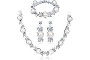 TOFBS Perlas Conjuntos de Joyas para Mujer Niñas Perlas Plata Collar con Colgante Pendientes y Pulsera Juego de Joyas de Novia Boda Fiesta Cumpleaños Aniversario Navidad San Valentín Regalos