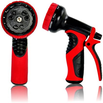 Garden Hose Nozzle, Best hose nozzle with 9 settings. Perfect water hose nozzle for garden, washing cars and pets. Auto spray settings, control knob and soft grip handle (red)