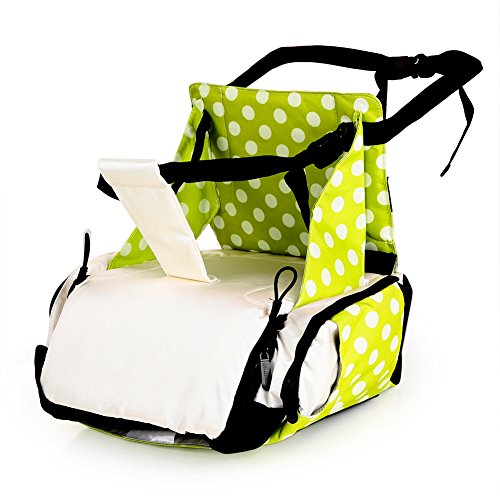 Cute Dot Printed Portable Foldable Harness 1-5 Years Baby Toddler Infan Dining Chair Nappy Changing Bag On the Go Booster Seat Bag Secure Snap Enclosure Travel Chair(Green)
