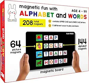 Play Poco Magnetic Fun with Alphabet and Words - with 64 Picture Magnets, 144 Letter Magnets (Capital & Small) Magnetic Board and Spelling Guide, Red