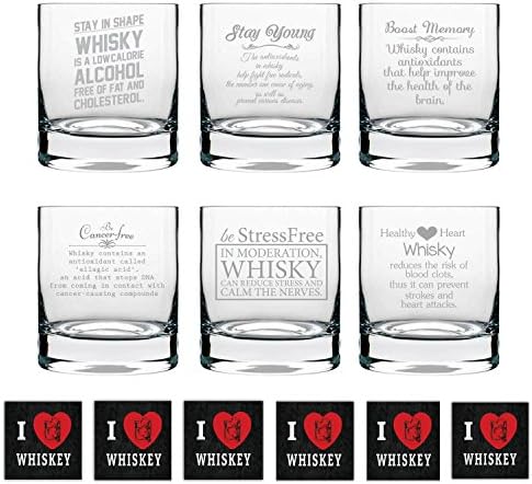 TheYaYaCafe Yaya Cafe™ Whiskey's Health Benefits Engraved Stelvio Whiskey Glasses Set of 6 with Coaster - 325 ml