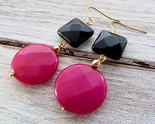 Hot pink stone earrings, jade earrings, coin earrings, black onyx earrings, drop earrings, gemstone jewelry