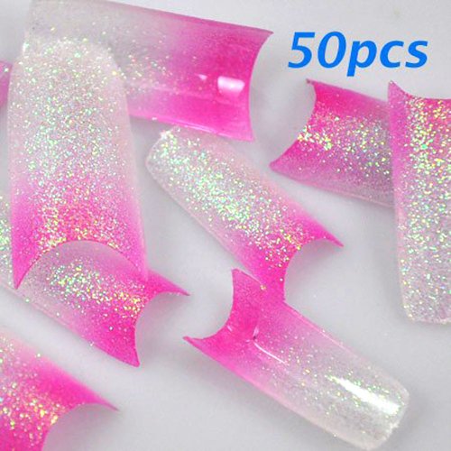 SODIAL(R) Pink White Glitter Acrylic False Nail Art Tips