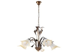 ONLI - Lampadario 5 luci in metallo marrone spennellato oro con vetri bianchi sfumati ambra