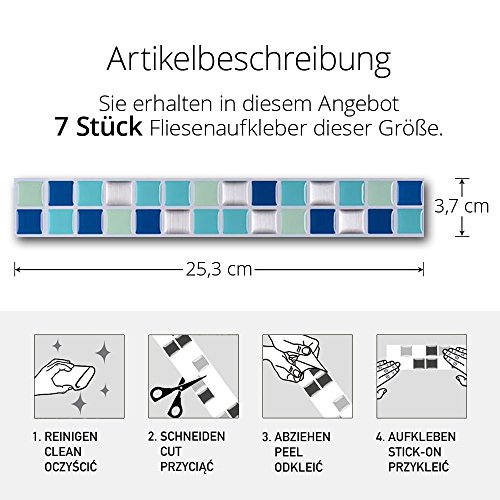 Grandora 7er Set Mosaik 3D Fliesenaufkleber W5189 selbstklebend 25,3 x 3,7 cm Küche Bad Wandaufkleber Fliesendekor Folie - 3