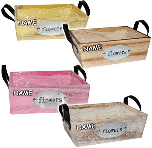Preisvergleich Produktbild 5 Stück _ Deko - HOLZ - Blumentöpfe / Pflanzkübel / Pflanzschale - " Flowers - bunte Farben " - incl. Name - lang - 25 cm - Pflanzkasten mit Henkel - Holzkiste / Holzbox - Kiste - Blumenkübel / Aufbewahrungsbox - Utensilo Dekokiste / Holzstiege - Blumenschale - z.B: Kräutergarten - Kasten / Topf - Blumen - Balkon - Garten & Terrasse Kräuterinsel - Blumeninsel - Blumenkasten - Kübel - Retro & Nostalgie - Pflanze - Dekoration - Tischdeko
