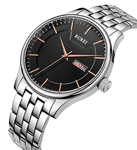 BUREI Herren Rosegold Analog Quarz Armbanduhr schwarz Zifferblatt Tag und Datum Edelstahlband BUREI Herren Rosegold Analog Quarz Armbanduhr schwarz Zifferblatt Tag und Datum Edelstahlband