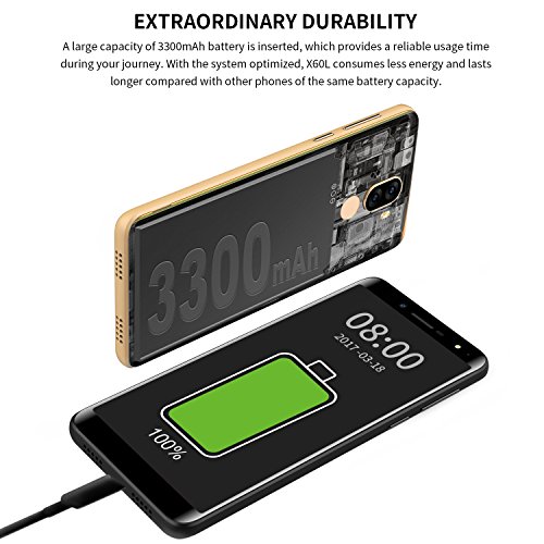 Smartphone ohne Vertrag, DOOGEE X60L 4G Dual SIM GÃ¼nstig Handy(18: 9 Vollanzeige), 5.5 Zoll Android 7.0 HD IPS Handys mit MTK6737V Quad Core, 2GB RAM+16GB ROM,Dual 13.0MP + 8.0MP RÃ¼ckfahrkamera, 3300mAh - RÃ¼ckseite Fingerabdruck entsperren - Gold