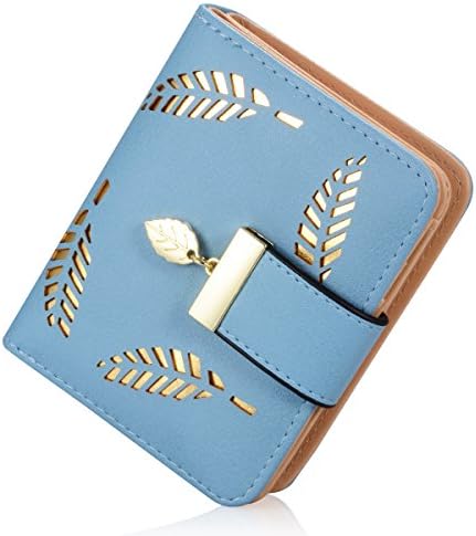 HuishunxinWomen's short Leaf Bifold Wallet Leather Hollow Card Holder Purse Clutch Handbag (Blue)
