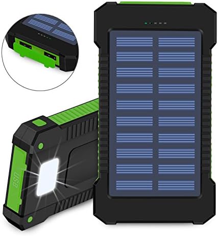 Solar Charger, 10000mAh Solar Power Bank, Dual USB Port Waterproof Dust-Proof and Shock-Resistant Portable Phone Charger with Led Light for Camping Hiking and Other Outdoor Activities (Green)