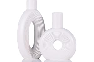QIANLING Lot de 2 vases Beignets en céramique Blanche - Vases décoratifs en Herbe de Pampa pour bohème Minimaliste, Parfaits pour Le Salon, Le Mariage, la Table à Manger, Le Bureau et la Chambre à Coucher