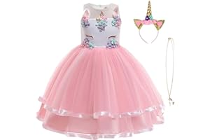 URAQT Mädchen Prinzessin Kleid, Mädchen Einhorn Cosplay Karneval Verkleidung Party Hochzeit Prinzessin Kleid mit Halskette und Stirnband, 110CM, Rosa