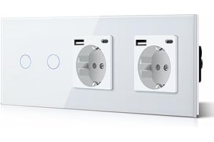 BSEED Interruptor táctil y enchufe pared,Toma de corriente con USB C,Panel de Vidrio con pulsador LED,Sin Función Wifi,2 Gang 2 Vía+2 Enchufes USB/Tipo C,228mm Blanco