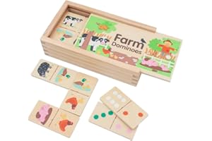 jumini Children’s Wooden Dominoes Set – 28-Piece Double-Sided with Farm, Woodland, and Safari Animal Designs – Sustainably Sourced Wood, Non-Toxic Paint, UK Safety Tested (Farm)
