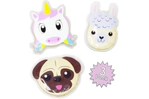 DYNAMIK PRODUCTS Cold Compress for Kids, Reusable Kids Ice Pack - Fever, First Aid, Boo Boos, Pain Relief, Bruises - Warm Soother for Toddler Headache, Bumps, Injury - 3 Pack for Girls (Unicorn, Llama, Pug)