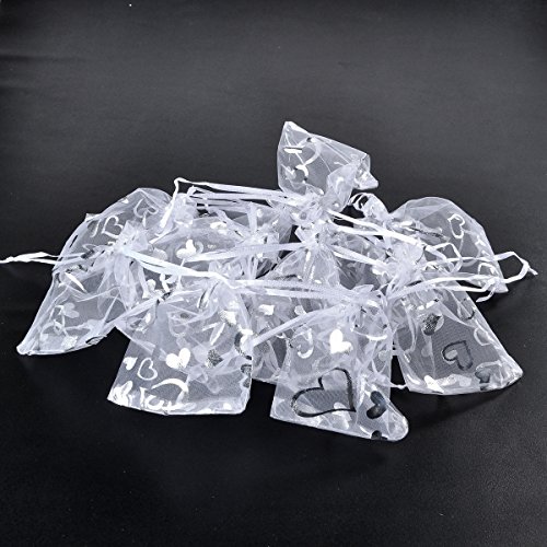 HooAMI 100X Weiss Organza mit Herz Säckchen Bonbonsbeutel Geschenkbeutel 9x12cm - 3