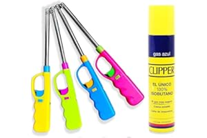 Clipper 4 Mecheros Largos Cocina Barbacoa + 1 Botella Gas 300 ml – Seguro y Ergonómico para Cocina, Velas, Parrilla y BBQ | UBOON.