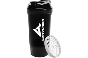 AMITYUNION Shaker per proteine ​​FYRA 700 ml con contenitore - scomparto polvere - shaker per proteine, senza BPA con setaccio e scala per frullati di siero di latte e BCCA, (Nero)