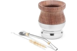 BALIBETOV Ensemble de maté Naturel en Bois de Caroubier (Tasse à maté - Mate Gourde) Fabriqué à la Main, avec Bombilla (Sorbet) pour Boire Le maté de Yerba (Bois avec Base en Aluminium.)