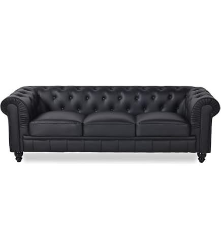 Canapé Chesterfield 2 Places Regency Noir - Design Capitonné Losange, Pieds En Bois, Style Anglais - 11