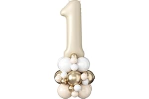 DOMGOGE Number 1 Balloon Cream 40 Inch Number 1 Foil Balloon Beige Giant Number One Balloon Tower Stand Large Nude Neutral Digital Balloons Stack for Boys Girls First 1st Birthday Baby Shower Party Decoration