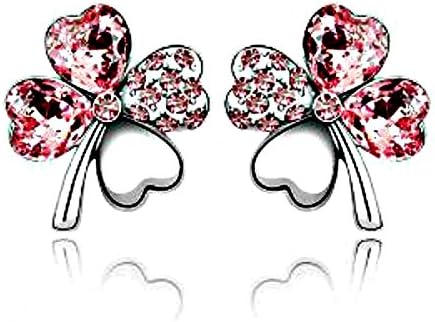 Pink Crystal Four Leaf Clover Love Heart Silver Plated Earring