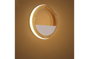 QJUZO Lampada da Parete Bambini Legno, 15W LED Rotondo Applique da Parete Interno Per Camera da letto Soggiorno Corridoio, Bianco Caldo, Lampada Muro Comodino Rustico
