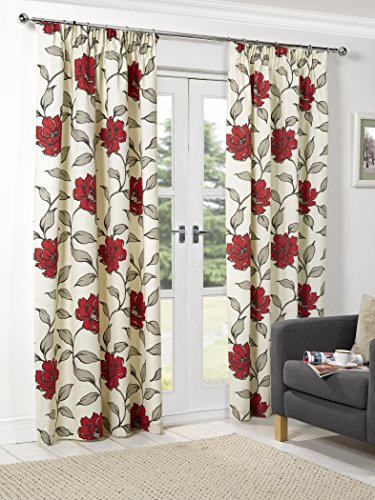 Floral Red Lightweight Pencil Pleat/Tape Top Polyester Lined Readymade Curtain Pair 90x90in(228x228cm) Approximately By Hamilton McBride