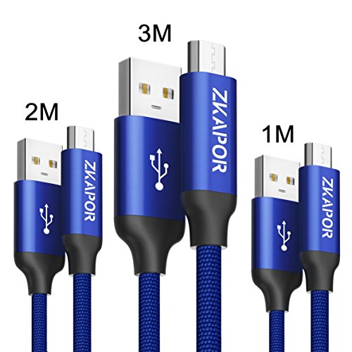 C  ble Micro USB  ZKAPOR  1m 2m 3m  Lot de 3  Nylon Tress   Rapide Chargeur C  ble Charge Synchro pour Appareils Android  Samsung Galaxy S7  S6  J3  J