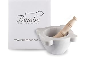 BEMBO QUALITÀ D'AUTORE Mortaio in Marmo Bianco Carrara Bembo - L'Originale - Con Pestello in Legno di Faggio - Utilizzato per il Vero Pesto alla Genovese - Made in Italy - Modello Genovese (cm 16)