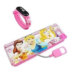 IZU Multipurpose Magnetic Pencil Box with LED Light Dual Sharpener for Girls & Boys +Digital Teddy Watch (Watch Assorted Color) (Barbie)