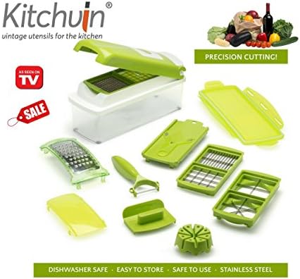 Mandoline Slicer Stainless-Steel Vegetable Chopper - 14 Piece Professional Kitchen Set with 11 Blades, Shredders Food Grater and Dicers - Safe, Simple Tools that Prepare Veg and Salads Fast (Green)