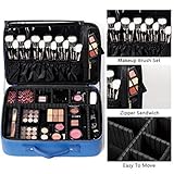 [Gifts for women] ROWNYEON PU Leather Makeup Bag Portable Makeup Artist Case Professional Makeup Train Case with Adjustable Dividers Best Gift for Girl (Blue Medium)