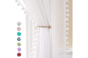 MIULEE Transparentne zasłony z woalu, z pomponami, poliestrowe, z tunelem do zawieszenia na karniszu, przewiewne, dekoracyjne, do sypialni i salonu, 2 szt. w zestawie, 225 x 140 cm, białe