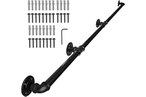 FSHIHINE Metal Stair Handrail, 345cm Handrails for Stairs, Indoor/Outdoor Wall Mount Banister Hand Railing Support Kit, Pipe Handrail Staircase Steps Industrial Galvanized Iron - Black