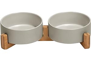 SPUNKYJUNKY Cuencos para Mascotas Hechos de cerámica, y un Soporte de bambú con esmaltado Mate Antideslizante, un Set Completo para Comida y Agua diseñado para Gatitos, Perros pequeños y medianos