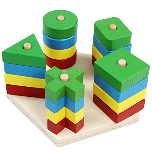 Infantastic Wooden Geometric Stacker (Colourful) for Early Motor Baby Kid Child Development Geometric Shape Matching Board Toy