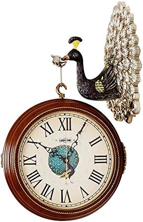 Xinba European Double-sided Wall Clock Peacock Open Design Creative Clock Personality Modern Art Decorative Clock Mute Quartz Clock (Color : Brown)