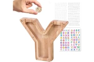 Wivico Wooden Letter Money Box|Reward Jar|Piggy Banks for Kids|Personalised Fillable Letters Clear Money Box|A-Z Letters Coin Bank for Christmas Birthday Gift/Keepsake|with Alphabet Stickers(Y)