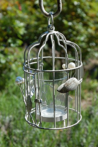 Gartenstecker mit Windlicht Vogel & Perlen Dekoration Anhänger Teelicht Teelichthalter Windlicht Kerzenhalter Vogel Käfig grau 113cm - 2