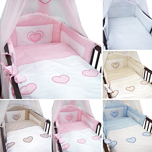 6 Piece Embroidered Baby Bedding Sets to fit Cot & Cotbed - (Cot 120 x 60cm, Hearts Pink)