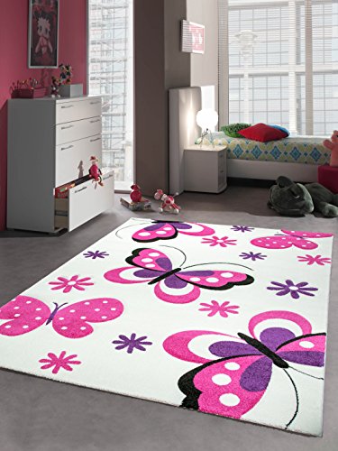 Kinderteppich Spielteppich Schmetterling Design Weiss Pink Lila Größe 80x150 cm