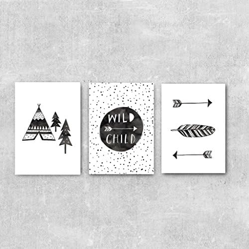 Monochrome Nursery Art, Set Of Three Prints, Wild Child, New Baby Gift, Adventure Nursery Decor, Watercolour Wall Art
